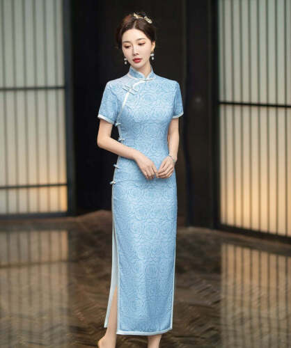 Chinese Blue Floral Rose Print Cheongsam Qipao Dress