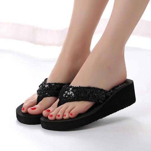 Summer Women Thick Slippers Flip Flops Platform Sandals Sequins Beach Shoes - Picture 11 of 17