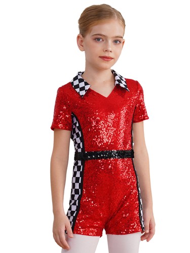 Girls Bodysuit Dress Up Racer Costume Uniform Jumpsuit Short Sleeve Unitard - Picture 10 of 85