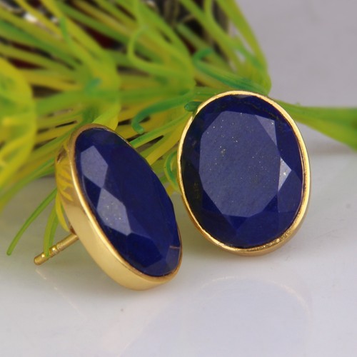 Oval Lapis Lazuli Gemstone Stud Earrings Handmade Fashion Jewelry Nickel Free - Picture 2 of 5