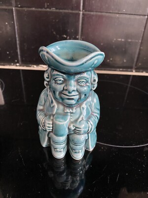 Unmarkiert Brillant Blau Glasiert Kolonial Lächelnder Mann Toby Krug Milchkännchen Krug