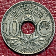 HIGH GRADE DETAILS 1921 FRANCE 10 CENTIMES  COIN-MAY323