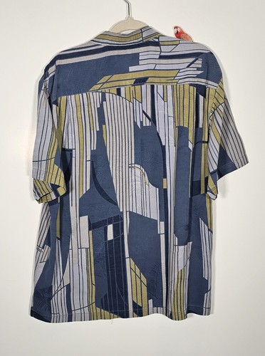Camicia Tommy Bahama L uomo blu patch disegno lavoro manica corta bottoni 100% seta - Foto 2 di 6