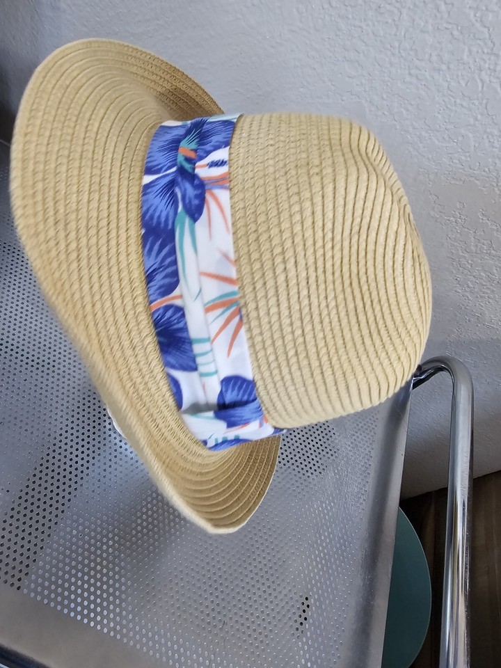 World Market 100% Paper Tan Straw Fedora Hat Adult One Size Floral Band ...
