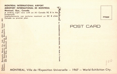 MONTREAL, QUE. CANADA POSTCARD Montreal International Airport, Night View DC8 - Picture 2 of 2