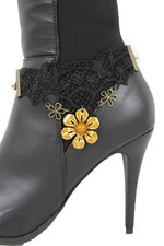 Punk Women Fashion Boot Chain Bracelet Gold Metal Flower Shoe Black Lace Charms