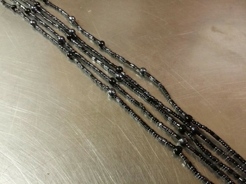 Vintage Jet Black French Glass 5 Strand Bead Necklace, Silver Lobster Claw Clasp - Picture 4 of 5