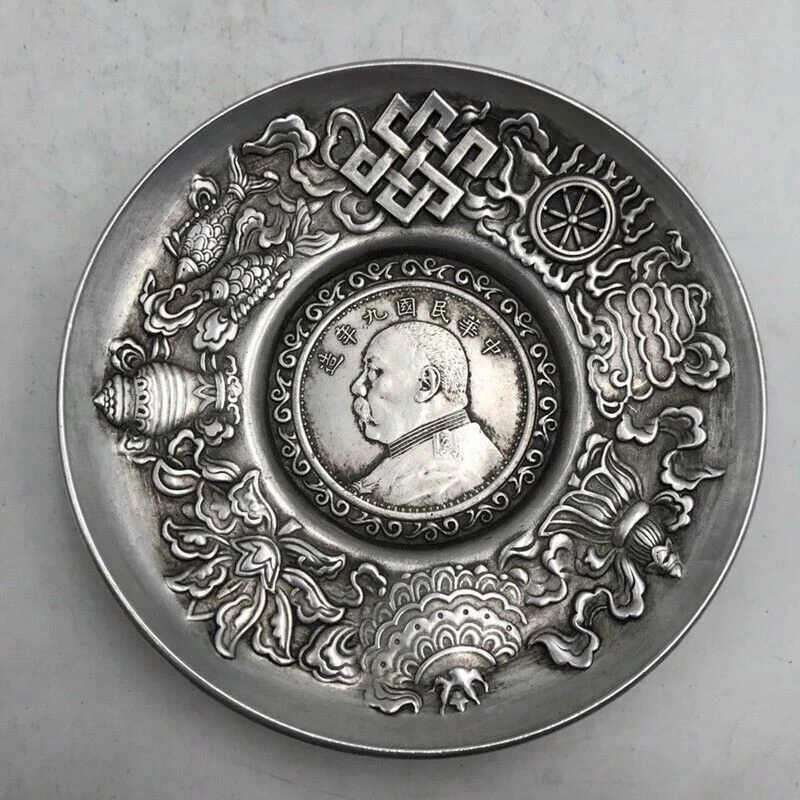 Plato de ocho tesoros de plata tallada a mano del Tíbet chino antiguo Foto 4 de 4