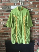 Vintage 1960's Women's Housecoat Handmade Green W/Gold Ribbon 3/4 Sleeves EUC