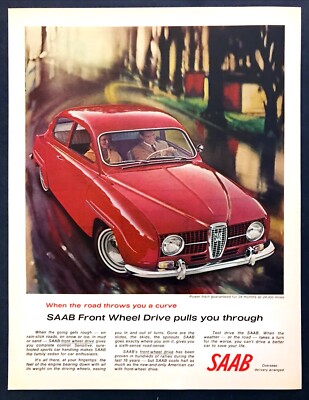 1966 Saab Sedan photo ''Front Wheel Drive Pulls You Through a Curve'' print ad
