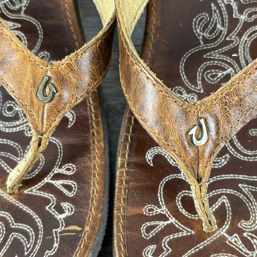 Olukai Paniolo Womens Sz 10 Flip Flops Sandal Brown Leather Stitched Thong Shoe - Picture 10 of 11
