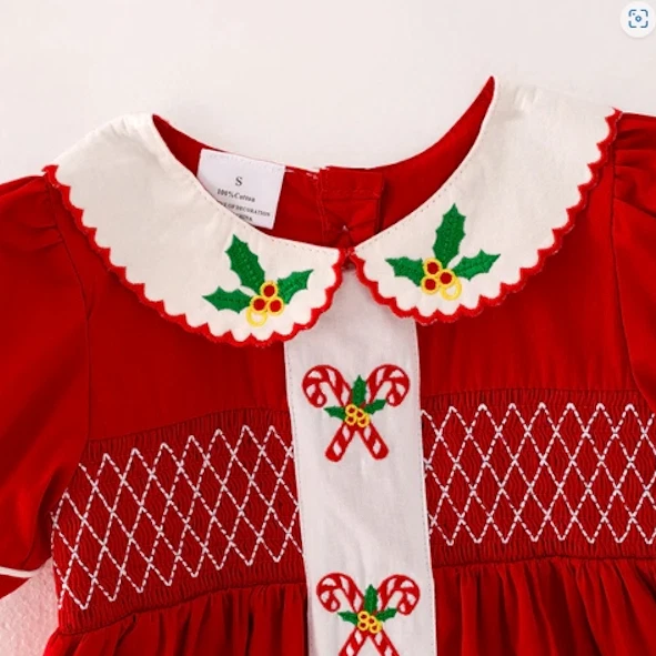 NUEVO Vestido Boutique Navidad Bastón de Caramelo Niñas Bordado Manga Corta Foto 2 de 4