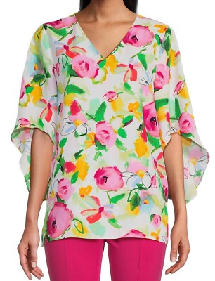 NEW Size L Slim Factor Investments Kaleidoscope V Neck 3/4 Drape Sleeve Top $69