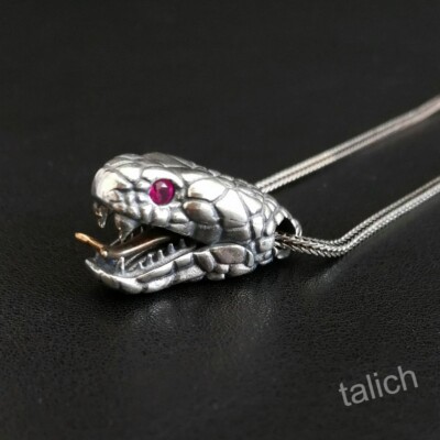 925 Sterling Silver Open Mouth Python Snake Head Pendant Pink CZ Eyes Unique!