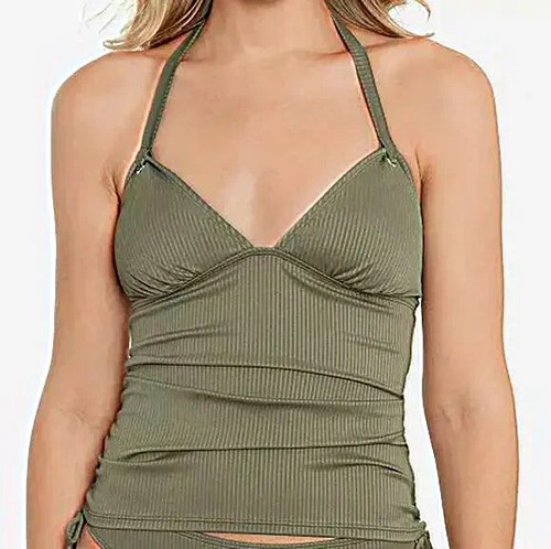 Tankini Salt + Cove Juniors Acanalado Fruncido Halter Natación Grande Verde Oliva - Imagen 2 de 3