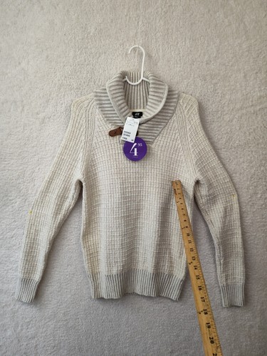 H&M Men Sweater Small Beige Cotton Wool B Knit Long Sleeve Shawl Neck Pullover - Picture 8 of 19