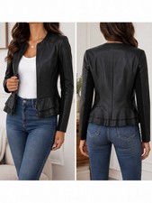 Hinge Black Genuine Leather Ruffle Peplum Mot...
