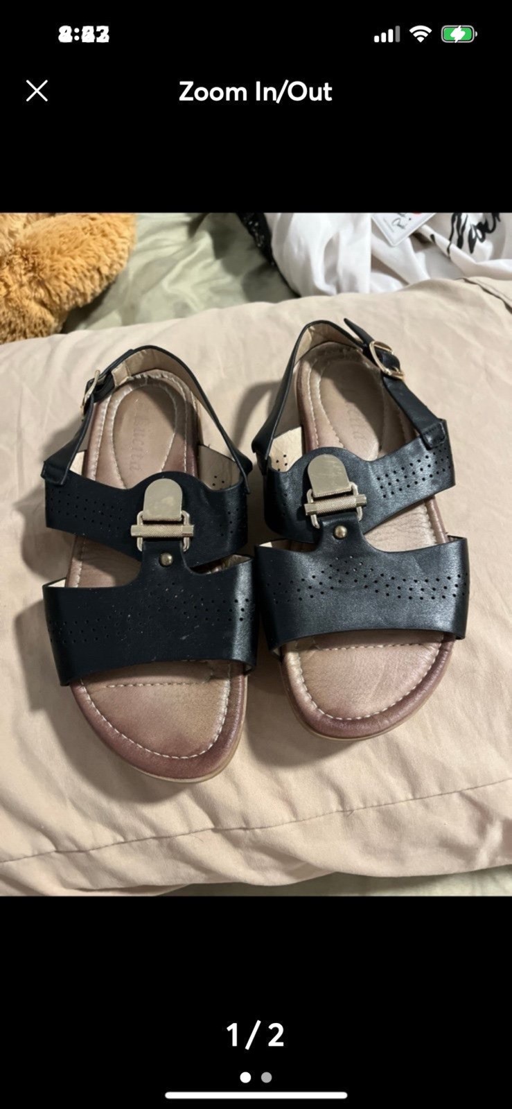 Women’s Black Strappy Ankle Strap Buckle Sandals Faux Leather Flat Size 6