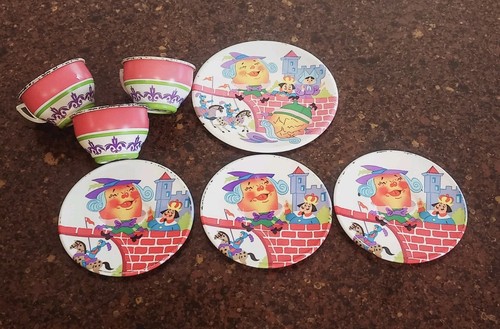 50s Vintage Ohio Art Tin Metal Childs Tea Play Set Litho Humpty Dumpty 7 Pieces - Picture 2 of 7