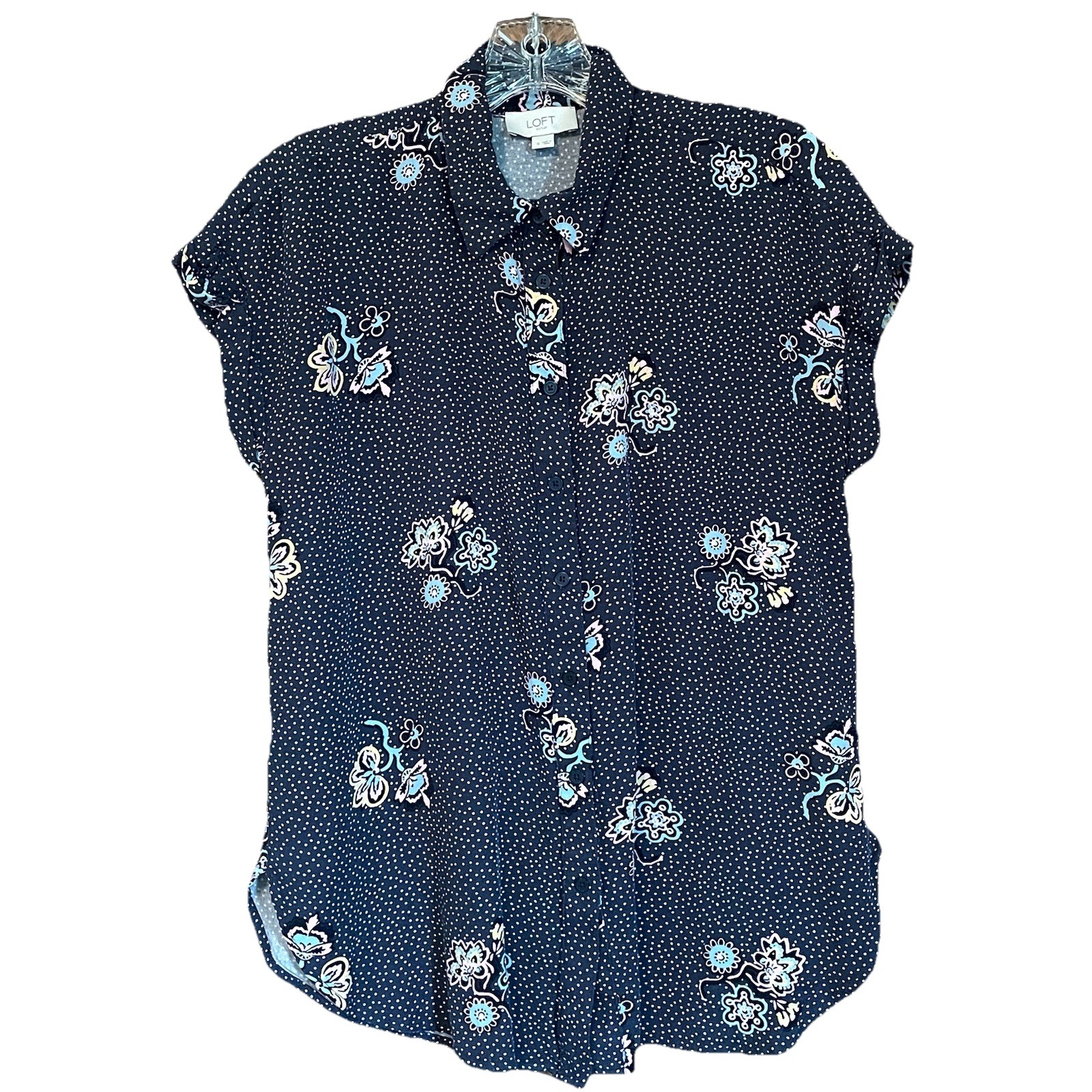 Women’s Navy & White Polka Dot Floral LOFT Button-Up Shirt - Soft Rayon - Size Small