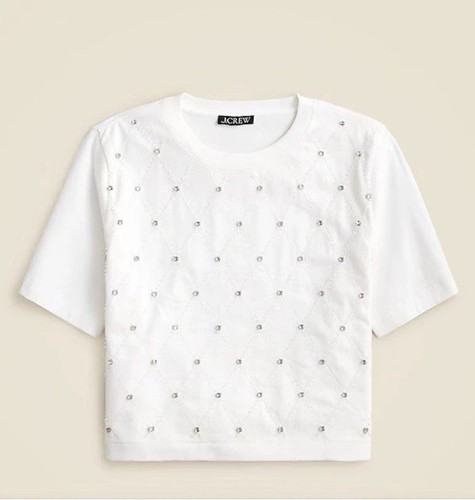 New J Crew M Relaxed Lattice-Embellished Cropped T-shirt Tee White CD143 Boxy - Picture 5 of 11