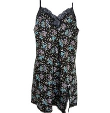 Victorias Secret Black Floral Print Lace Trim Nightie Size Large Adjust Straps