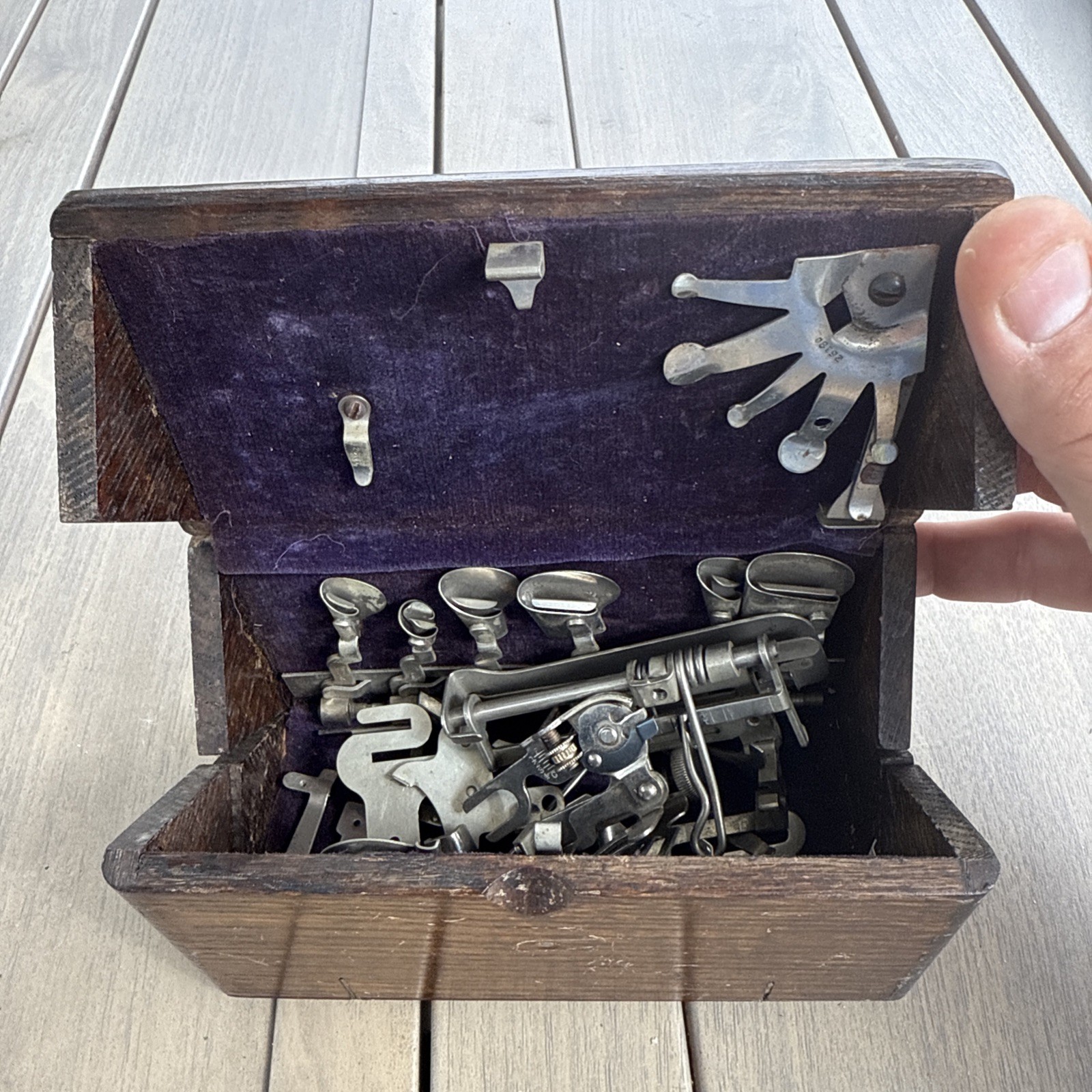 Antique Singer Sewing 1889 Oak Puzzle Styling Box with Attachments