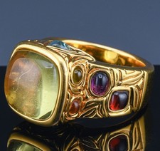 SUPERB 14K YELLOW GOLD CITRINE CABOCHON MULTI GEM GAUNTLET COCKTAIL RING