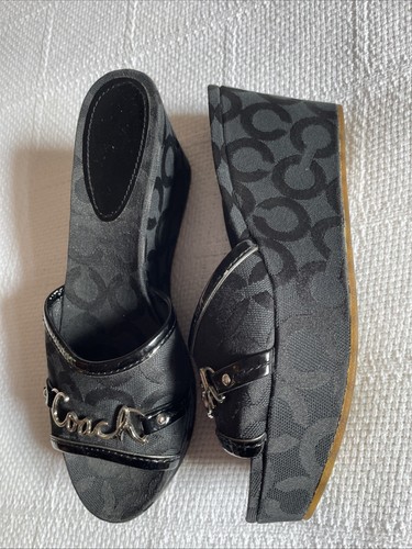 Coach New York Wedge Sandals with Buckle in Black CC logo pattern in 7.5 - Picture 2 of 7
