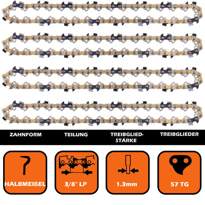 4 saw chains 3/8 1.3mm 57 TG for half chisels compatible with Dolmar, Einhell