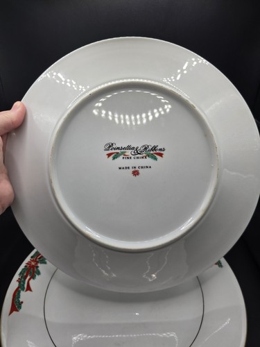Set Of 4 10.5 Inch Dinner Plates. Poinsettias And Ribbons Fine China... - Picture 4 of 13