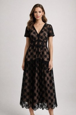 ML Monique Lhuillier Lace Midi Dress Black Nude Lined V-Neck Sz 10 NWT $595