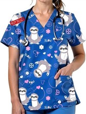 V Neck Cute Printed Scrub Top with Pockets - Short Sleeve Nurse Uniform