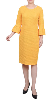 NY Collection Dress PM Petite-M Yellow Bell 3/4 Sleeve Pearls on Neckline APR231