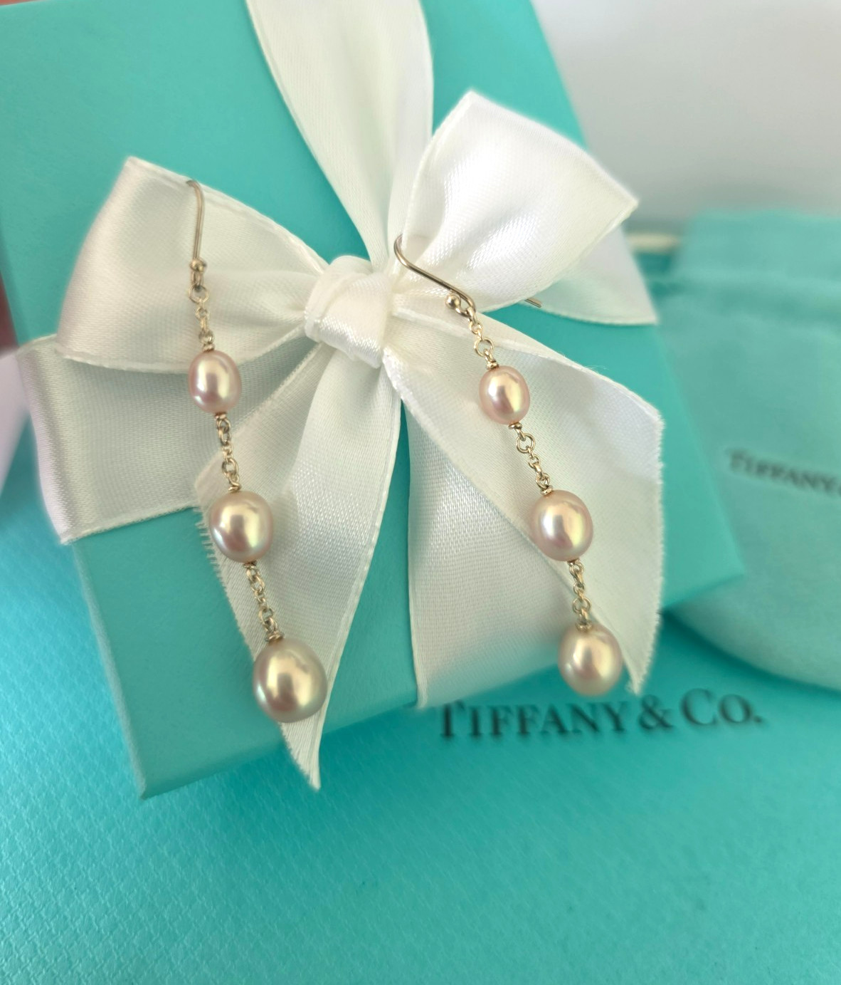 Tiffany & Co Elsa Peretti Pink Pearls by the Yard Dangle Silver Earrings RRP£800 image 3