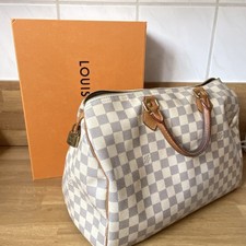 LOUIS VUITTON Speedy 35 Handtasche N41535 Damier Azur Canvas Leder Weiß Gebra...