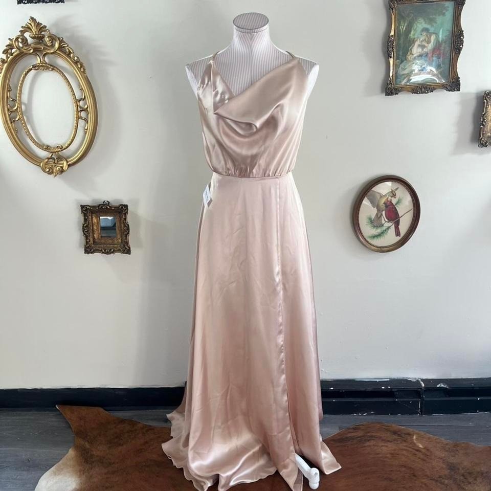 Fame & Partners Champagne Satin Slip Gown with Cowl Neck & Cross Back Straps