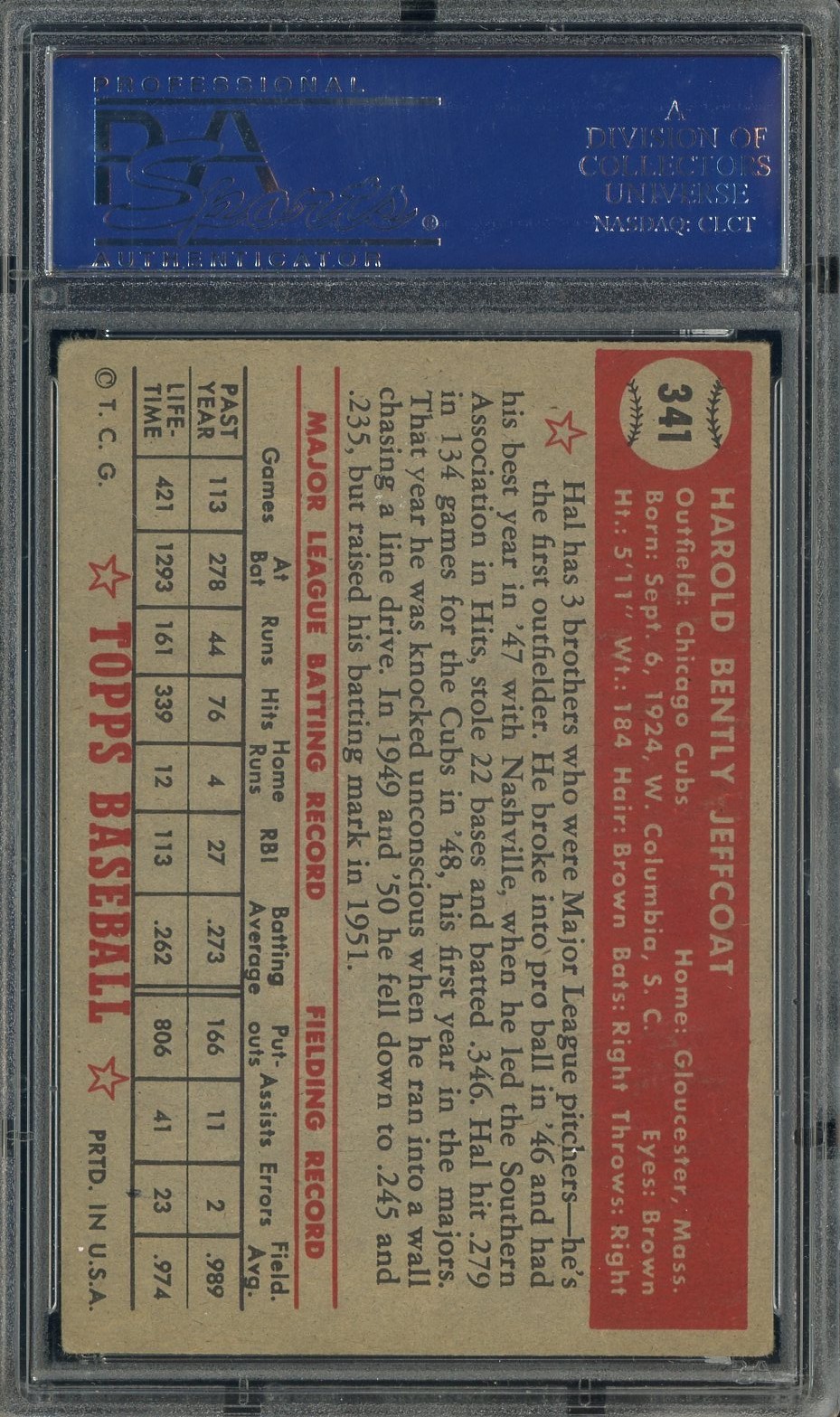 1952 Topps #341 Hal Jeffcoat Chicago Cubs PSA 4 VG-EX view 2