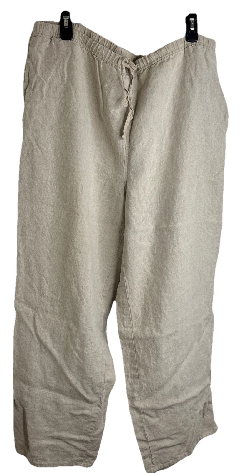 J Jill Wide Leg Linen Pants, Beige, Crochet Trim, Drawstring Waist, Size Large