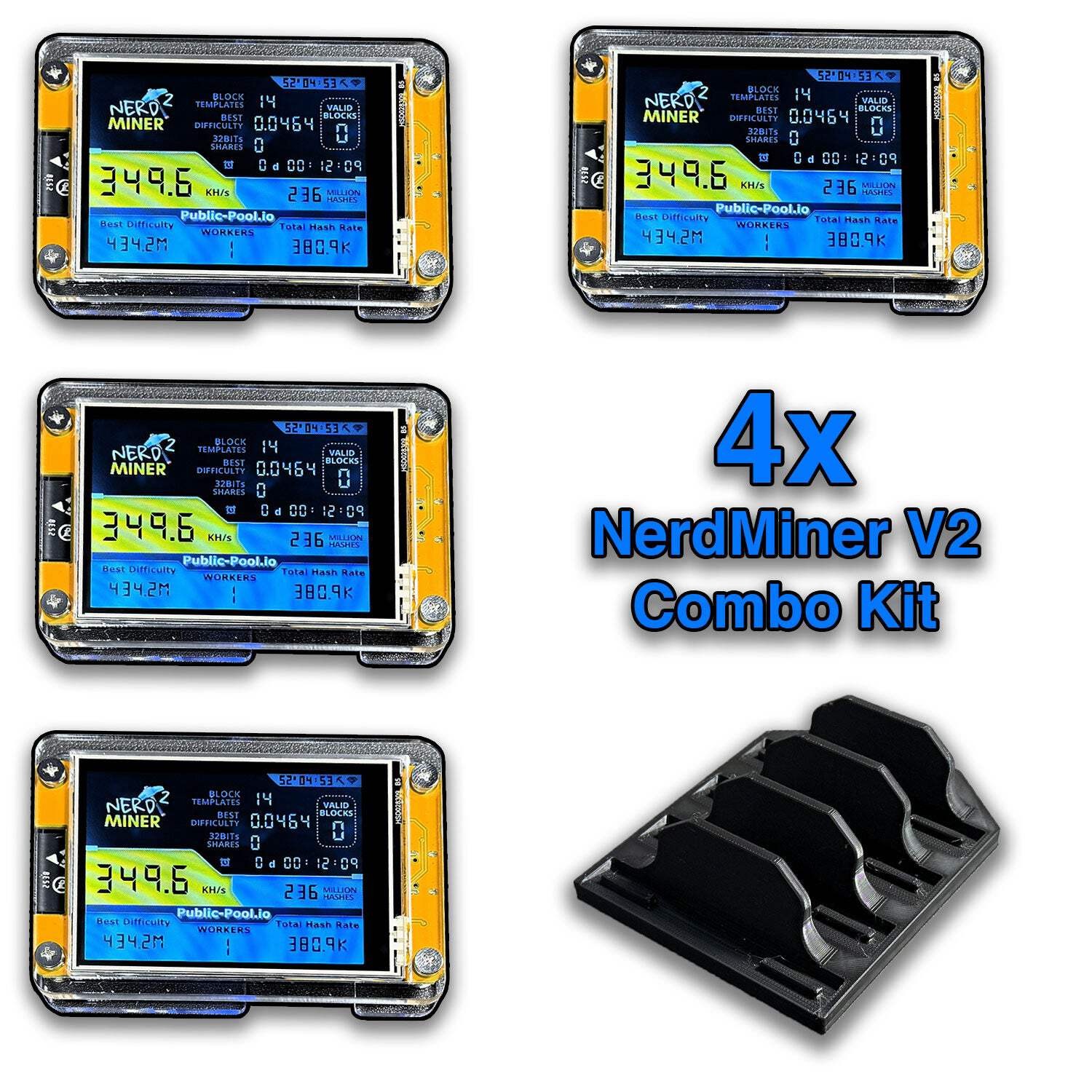 4x NerdMiner V2 Bitcoin Lottery Miner Bundle | Free Custom Stand Included