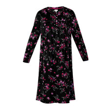Aria Women's Sleepwear Nightgown Long Sleeve Velour Black Floral Pockets 44" New