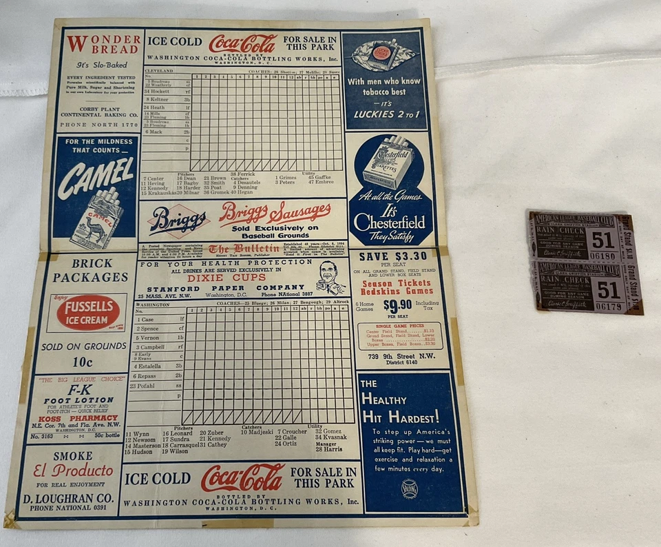 1942 Washington Senators vs. Cleveland Indians Baseball Scorecard - Image 2 of 4