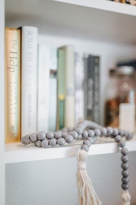 Gray Festive Wood Bead Garland with Tassels Rustic, Farmhouse, Boho, Decor
