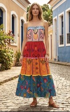 Farm Rio Embroidered Colorblocked Maxi Dress XL Tiered Tropical Resort Festival