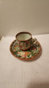 Chinese export hand-painted Rose Medallion porcelain demitasse cup and saucer...