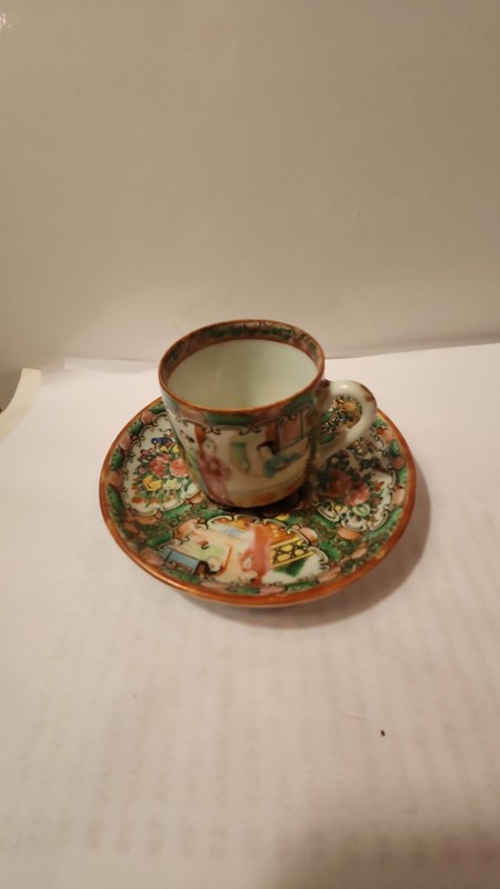 Chinese export hand-painted Rose Medallion porcelain demitasse cup and saucer...