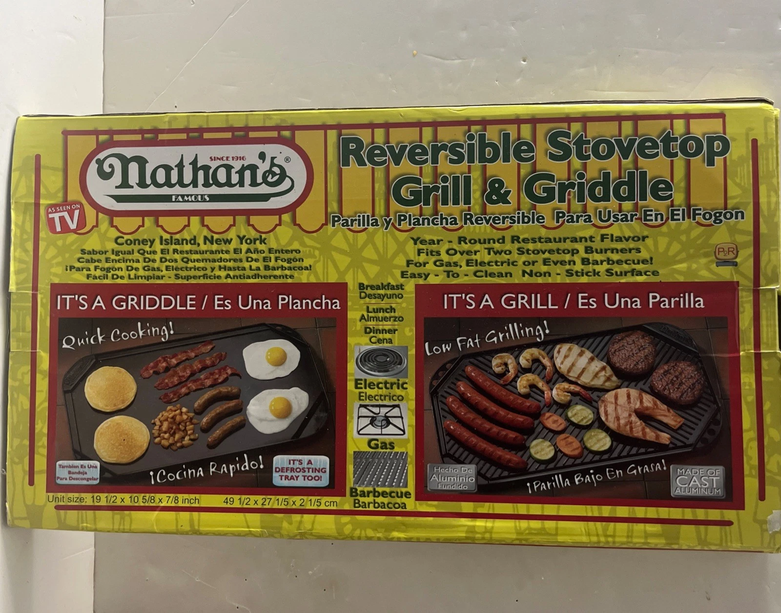 NEW Nathan's Reversible Stovetop Grill & Griddle BBQ Non-Stick Famous Hot Dogs
