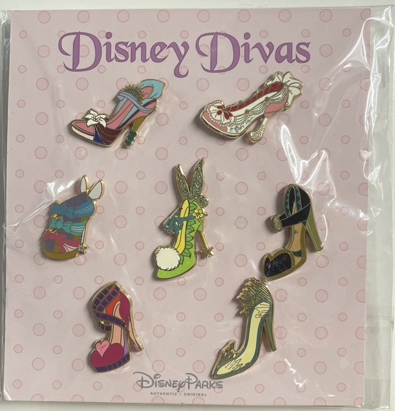 DISNEY DIVAS PRINCESS HIGH HEEL SHOES 7  PIN SET (NEW) 2014