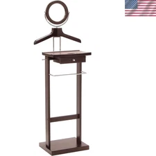 Wood Valet Stand With Storage Mirror Shoes Ties Organizer Dark Espresso