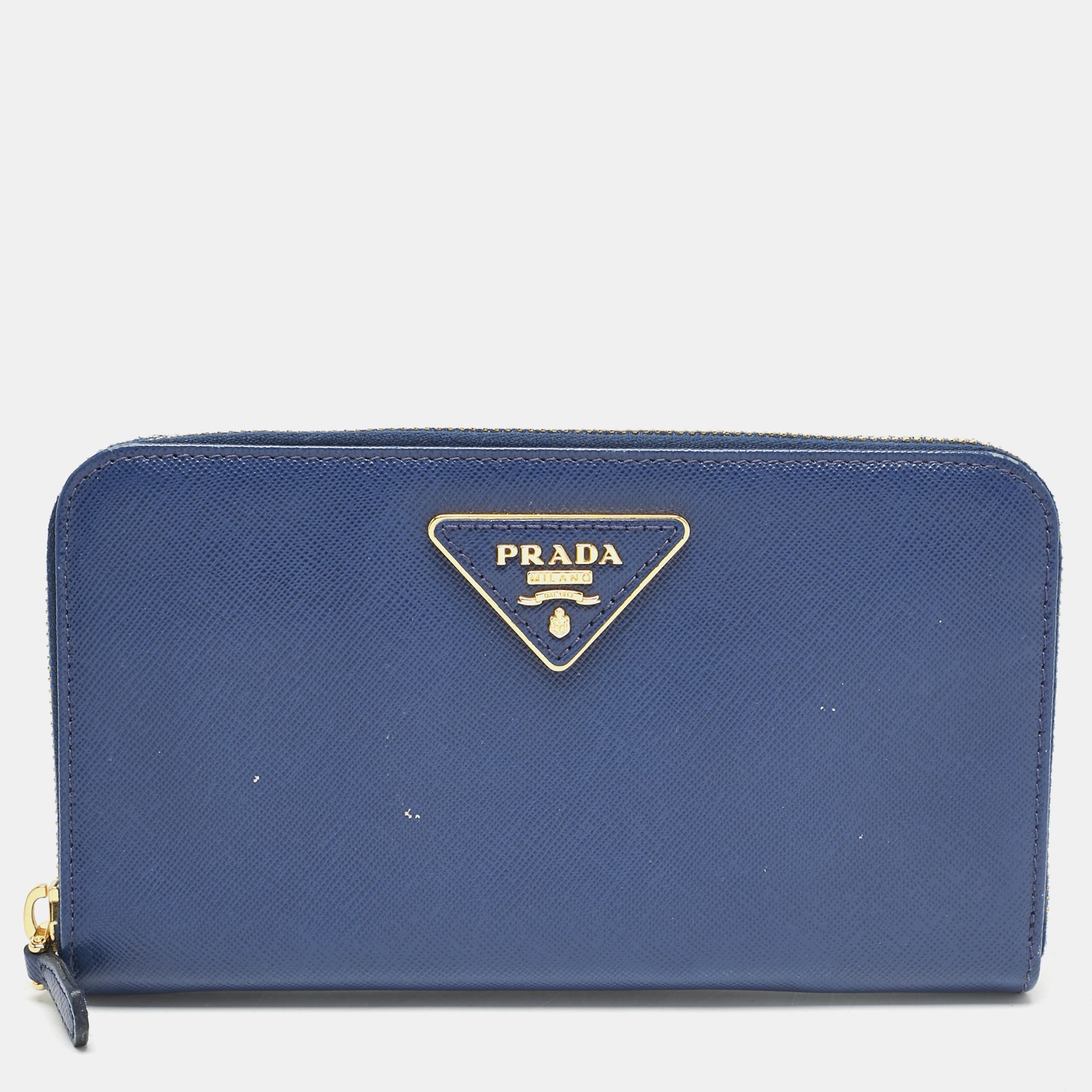 Prada Blue Saffiano Leather Triangle Zip Wallet